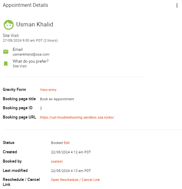 Appointment details on the SSA Dashboard booked via Gravity Forms.