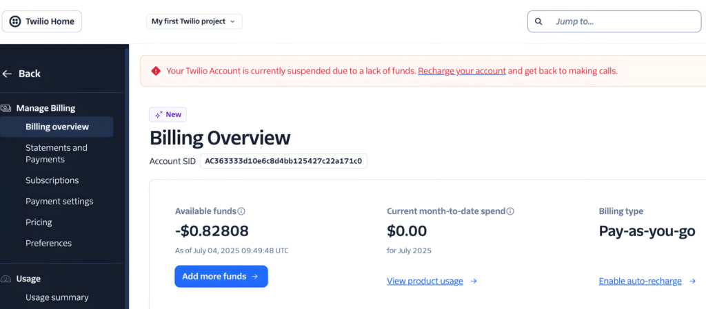 Twilio account status shown as suspended due to a lack of funds.