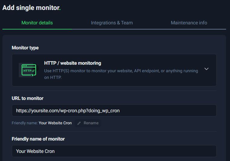 Adding a new single monitor for the website cron.