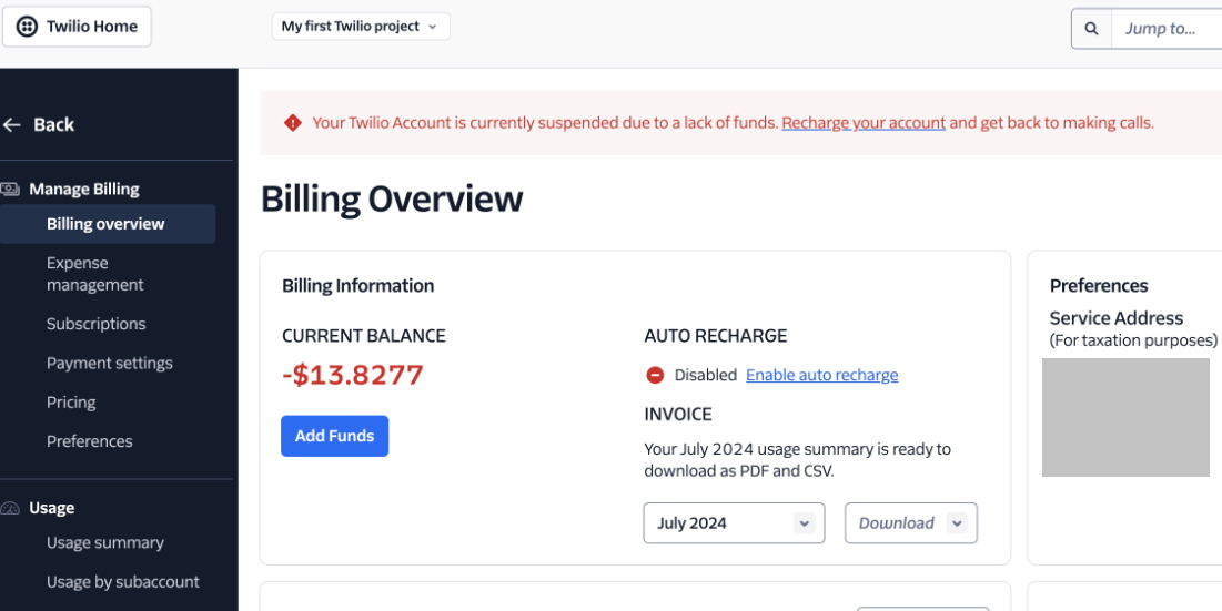 Twilio account status shown as suspended due to a lack of funds.