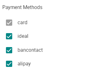 Payment methods depicting the card, ideal, bancontact, and alipay methods.