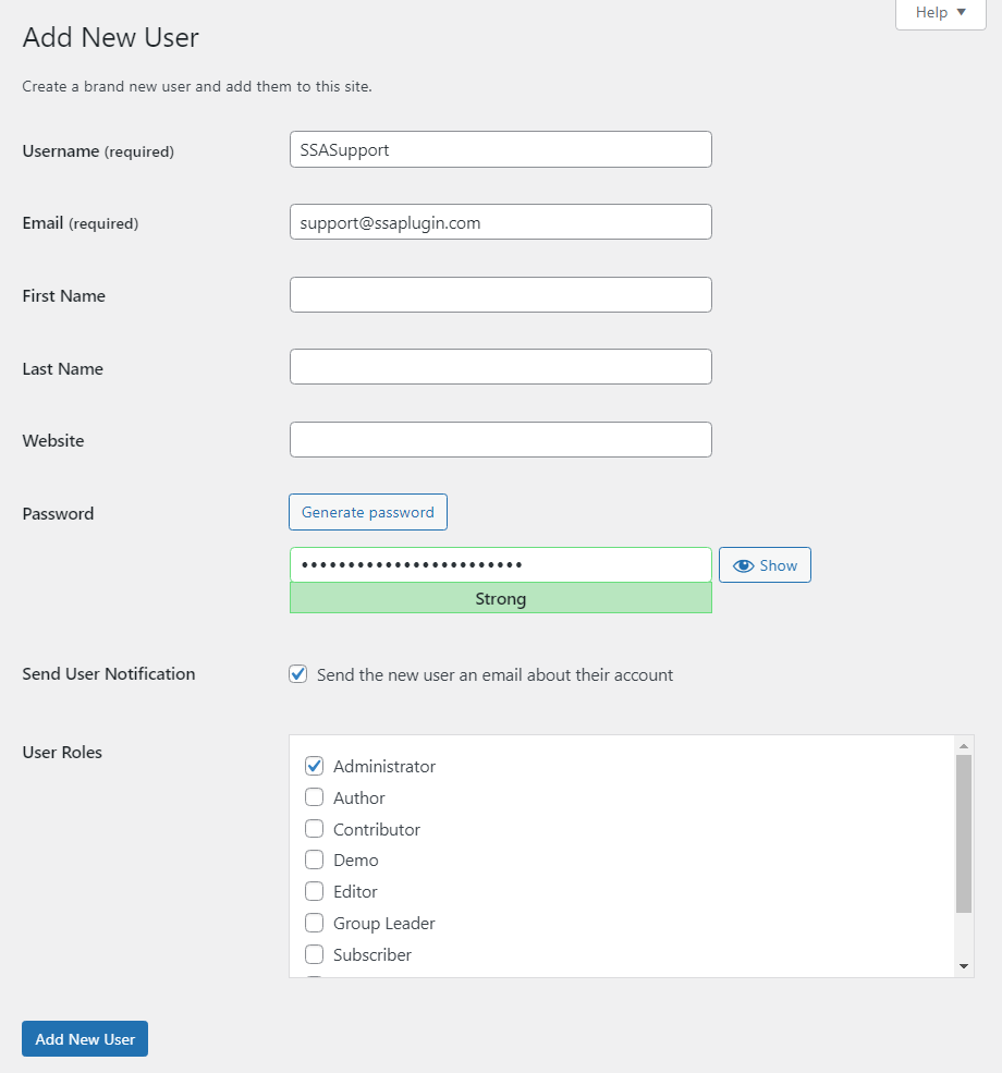 Entering the user information for the admin user.