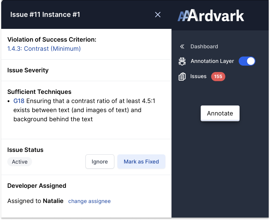 AAArdvark issue instance detail page showing the success criterion in violation, links to sufficient techniques, issue status and the developer assigned to fix it.