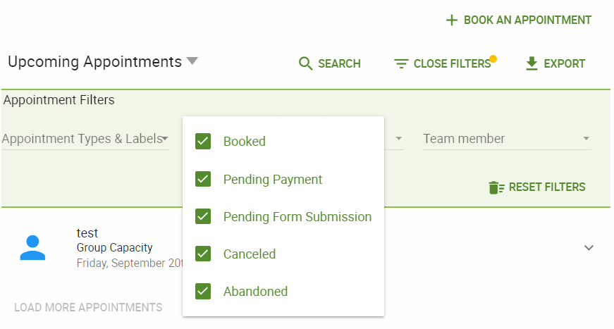 Filtering appointments by their appointment status to check for pending and abandoned bookings.