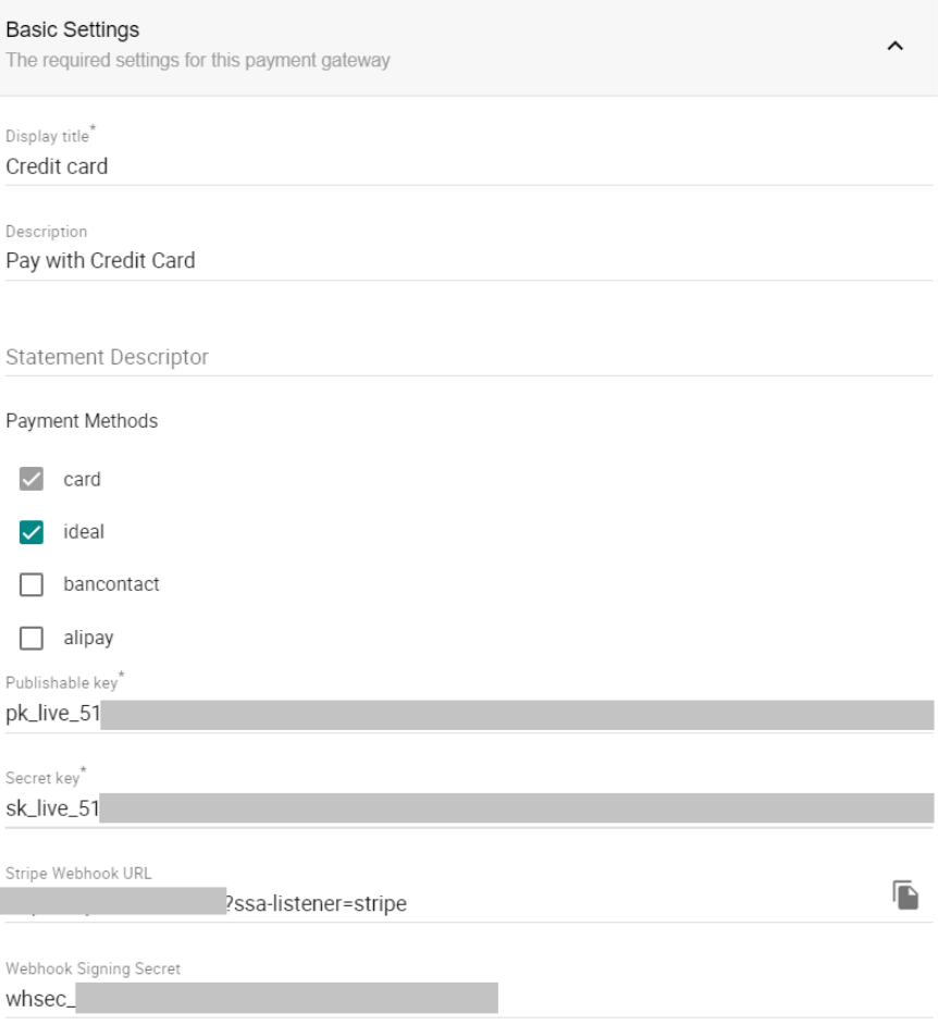 Stripe settings showing publishable keys and webhooks entered in.