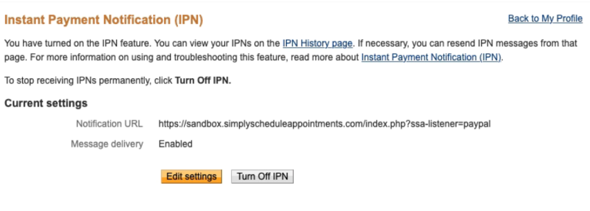 PayPal IPN settings enabled and set.