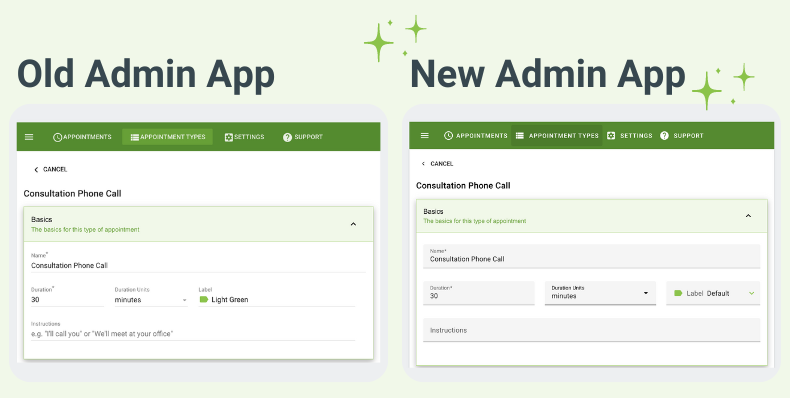 Visual comparison of the new and old admin app dashboard. 