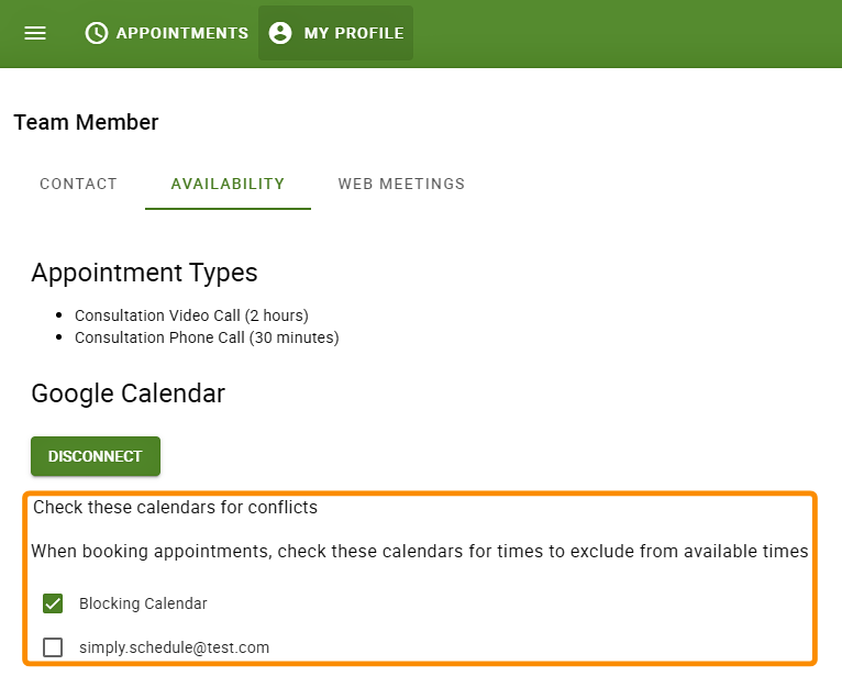 Select calendars to check for conflicts