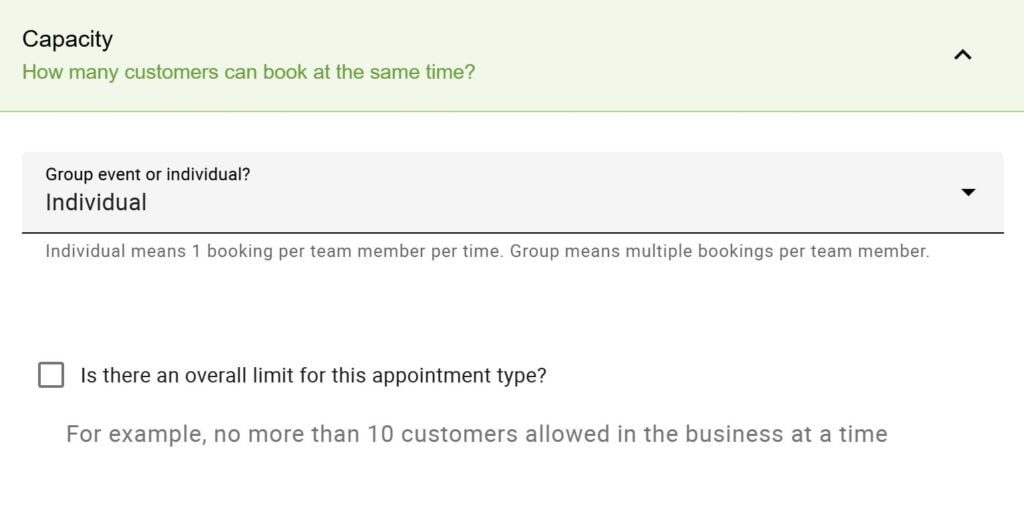 Individual Capacity setting for Appointment Types with Teams enabled