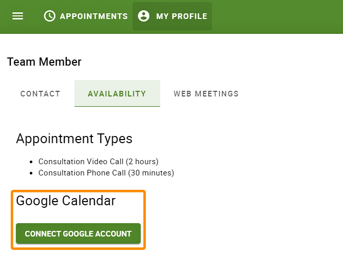 Click the 'Connect Google Calendar button' towards the bottom below the appointment types listing to connect the calendar.