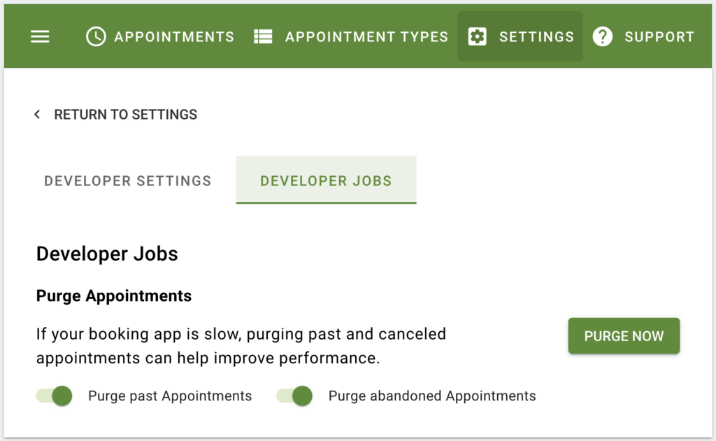 Screenshot depicting how to purge appointments via the Developer Jobs.