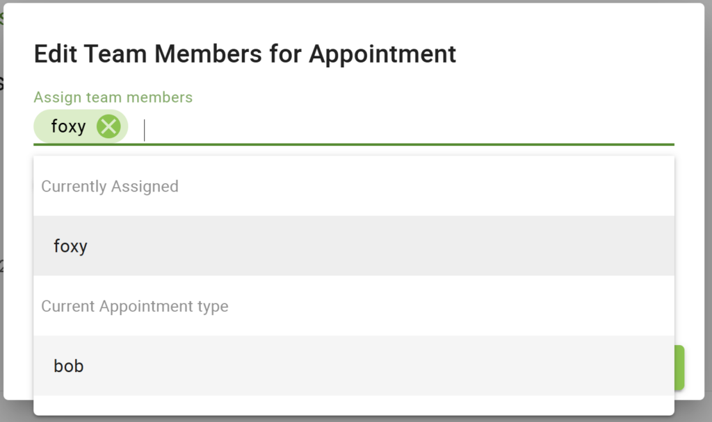 The Edit Team Members popup with the dropdown enabled. Dropdown displays the currently assigned team member and a list of other team members within the current appointment type.