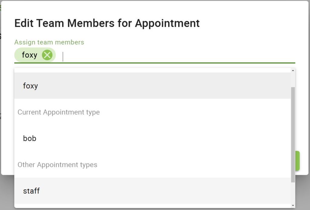 The Edit Team Members dropdown showing the team member available outside the current appointment type.