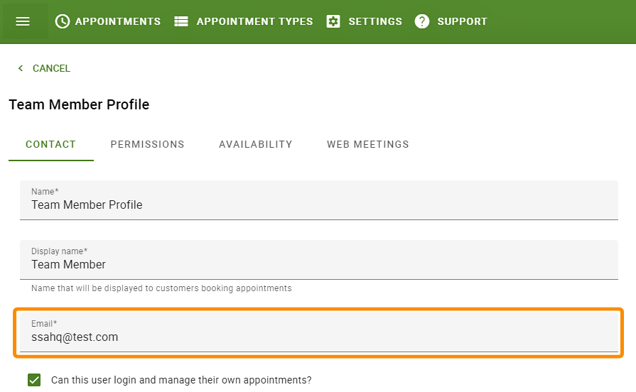 Screenshot depicting where to add email for Team Member.