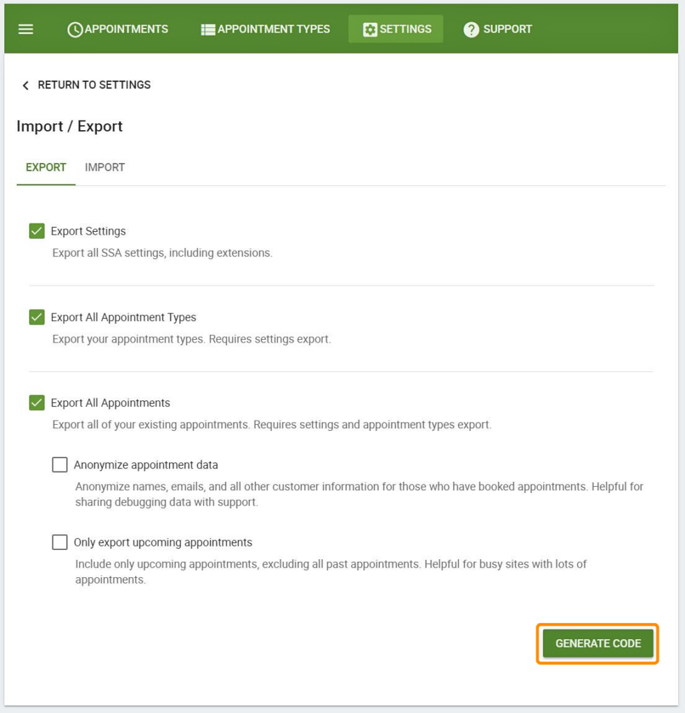 Export SSA settings via the Generate Code button.