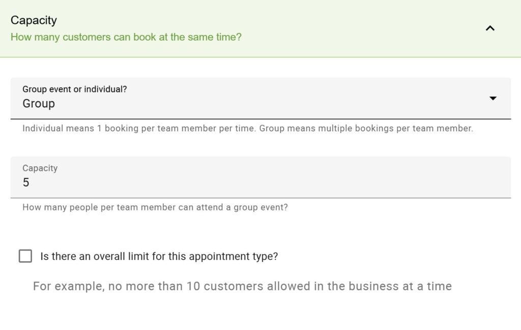 The capacity setting for Group events