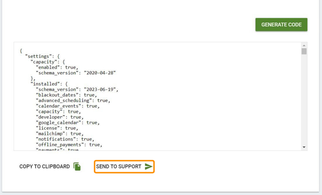 Screenshot depicting how to send Export code to Support.