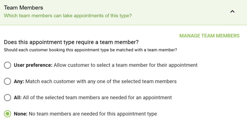 Team Members tab in the Appointment Type Settings