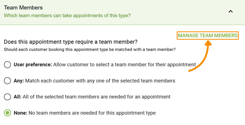 Arrow pointing at MANAGE TEAM MEMBERS under the Team Members in the Appointment Type settings.