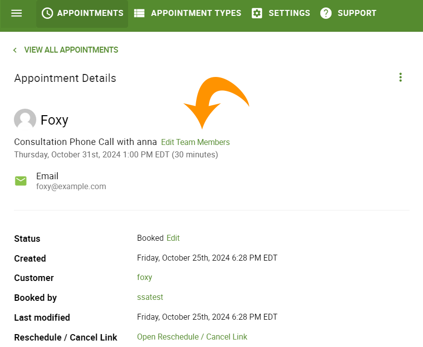 Edit Team Members link in the Appointment Details