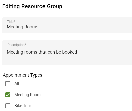 Meeting Room Resource with description filled out and appointment type assigned.