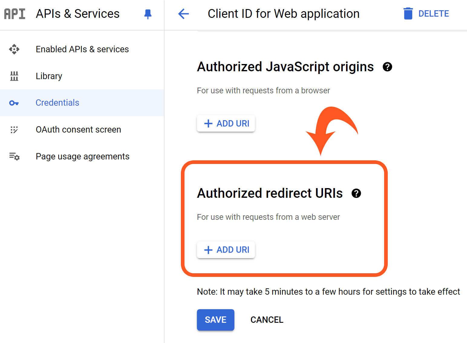 Finding the Authorized Redirect URIs in the Credentials.