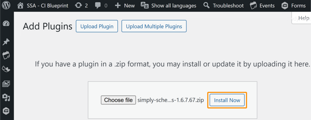 The ZIP file has been uploaded in the Add Plugins section and is ready for installation.