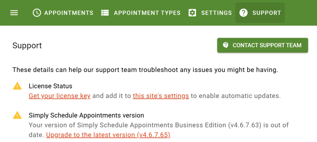 Support Tab Showing Warnings for the License Status and Version, and if you need a plugin update.