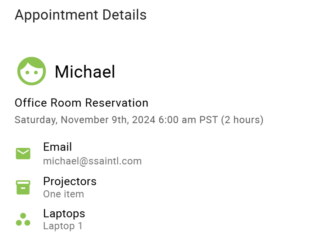 Screenshot depicting the appointment details for Foxy, and the Resources "Office Room A" and "Laptop: One item" assigned to it.