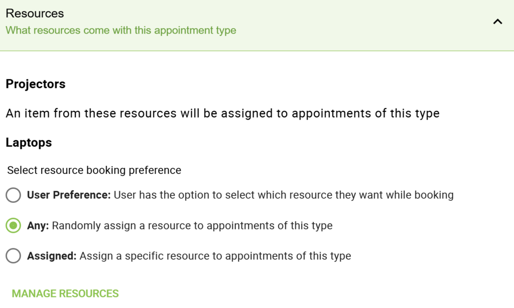 Resources settings in the appointment types depicting a Meeting Room set to user preference and laptops randomly assigned.