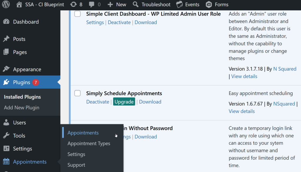 Access the SSA's Appointment's tab from WP Backend