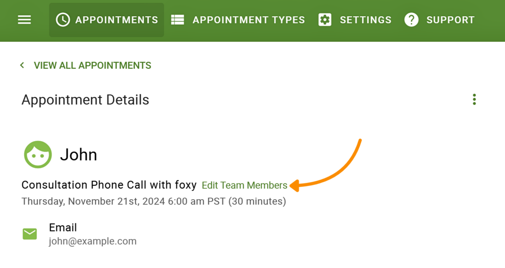 An arrow pointing to the Edit Team Members link within the Appointment Details page.