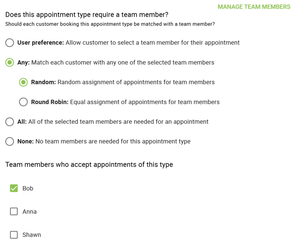 Selecting teammates that can accept this type of appointment in the Appointment Type settings