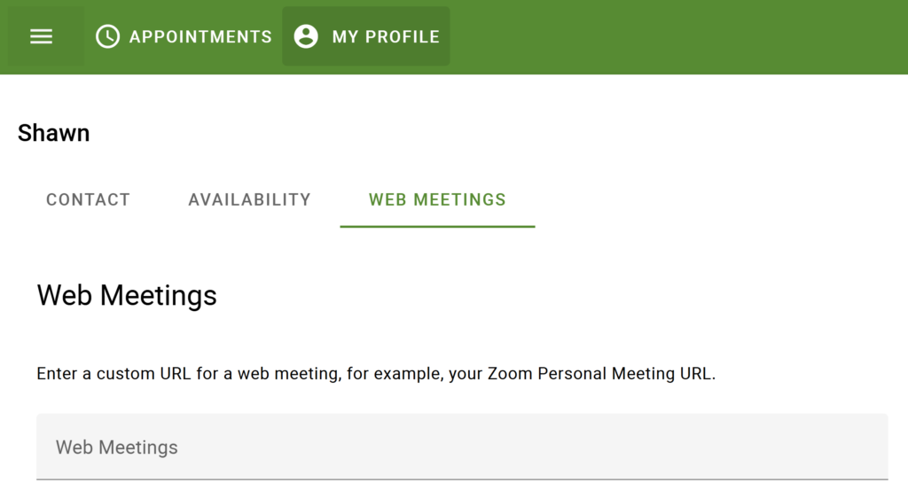 Web Meetings tab from the team profile.