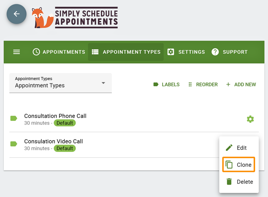 Use the Clone option to create a clone of the appointment type