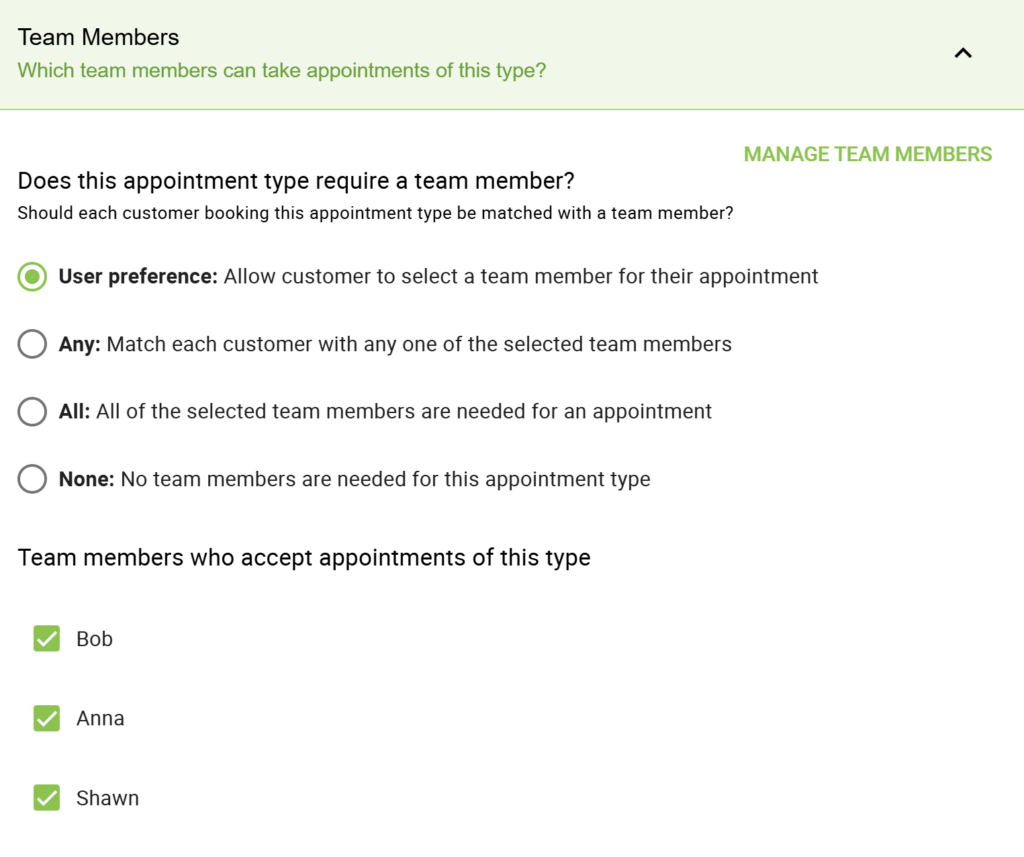 Team Member section in Appointment Type Settings that lets you choose User Preference, Any, All, or None for team members.