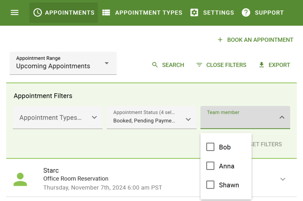 Team Member filter to see which team member has received which appointments.