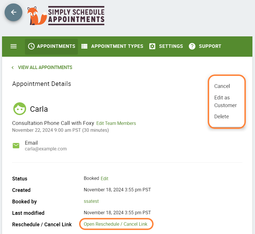 Appointment details screen showing the appointment options to cancel, edit, or delete, and the link towards the bottom of the details.