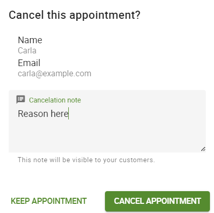 Canceling an appointment with a reason.