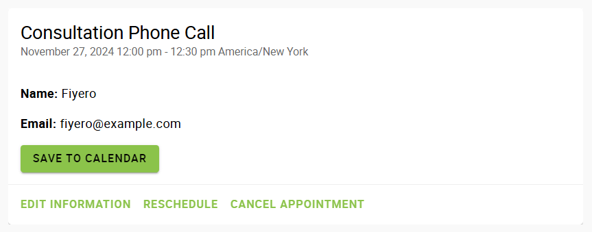 Cancel/Reschedule screen displaying ability to edit information, reschedule, or cancel the appointment.