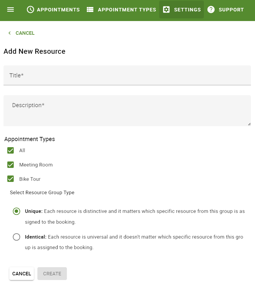 Adding a new resource with a title, description, assigning an appointment type to it, and selecting unique or individual for the resource type.