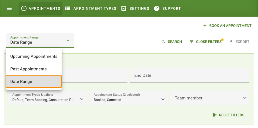 Screenshot depicting the Date Range of Appointment Types in order to export all appointments.