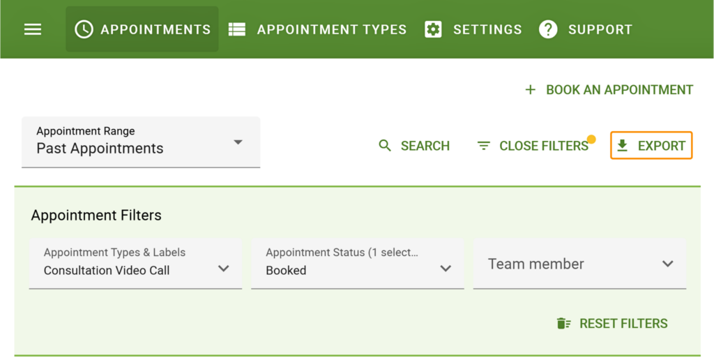Use the Export button once you've filtered the booking you're looking for to create a CSV file of your visible appointments