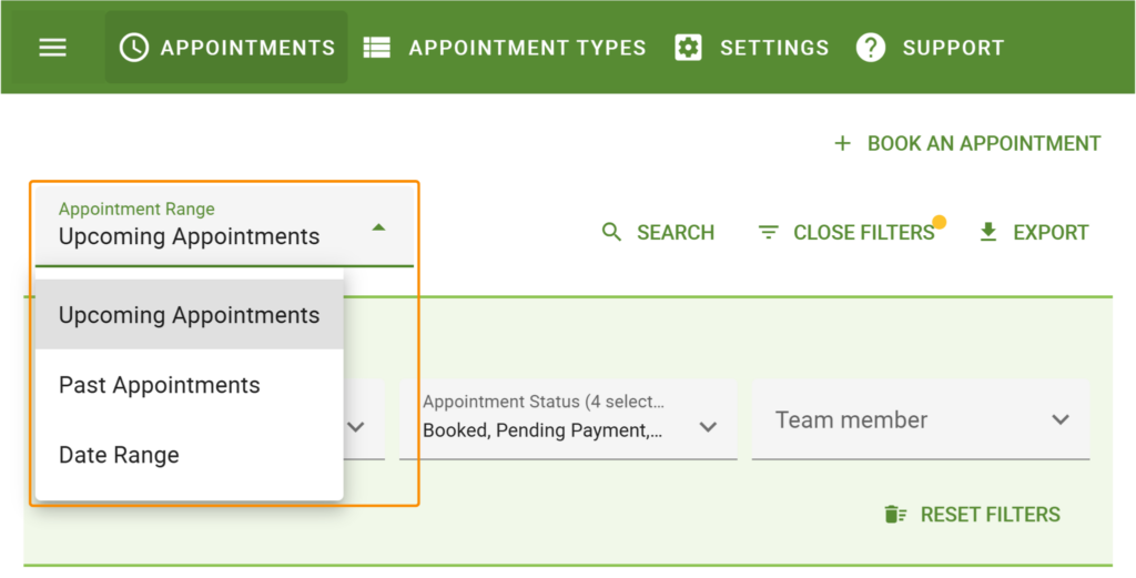 Views' dropdown menu expanded in the Appointments tab