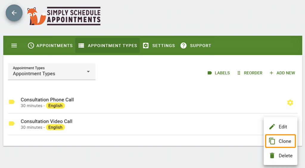 Use the Clone option to create a clone of the appointment type