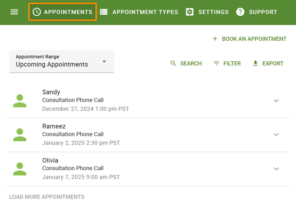 Upcoming Appointments listed under the Appointments tab.