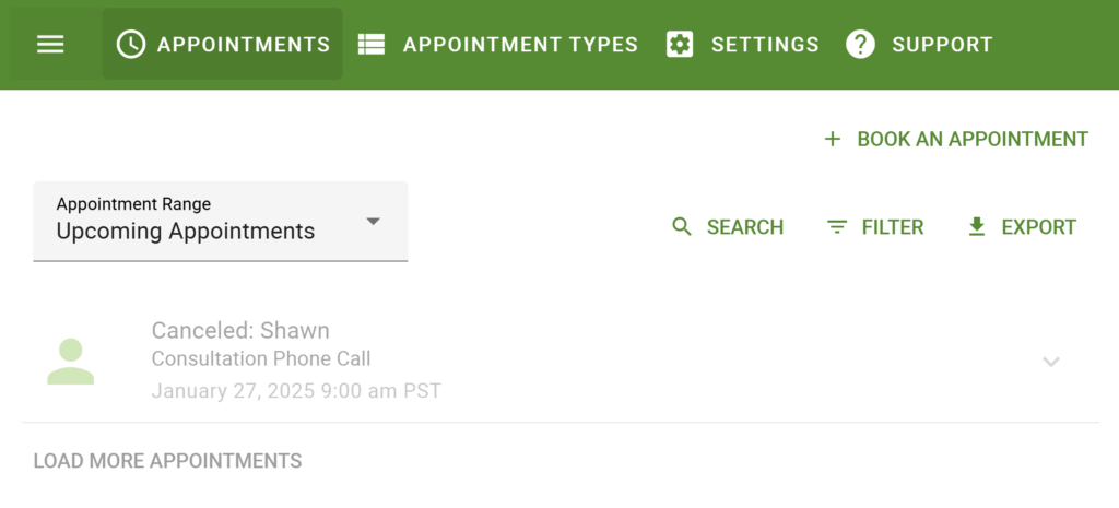 Canceled appointment listing shown with the Canceled tag and faded entry box in the Appointments tab