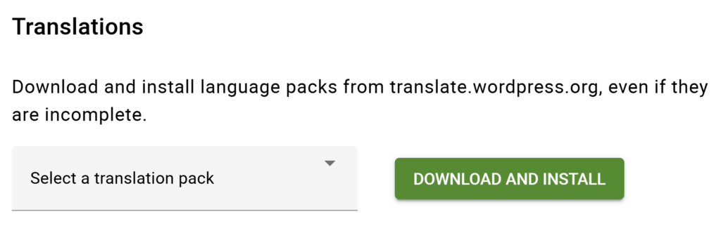 The Translations dropdown field where you can select the language pack you'd like to download and install