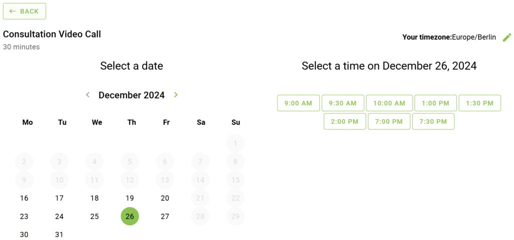 A booking calendar showing the appointment options view in the block format.