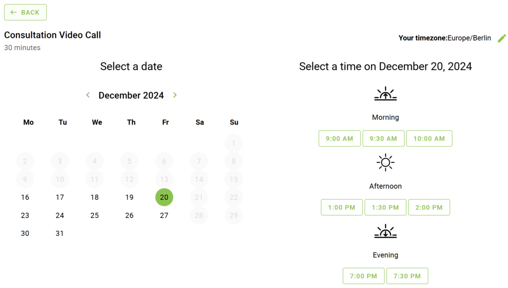 A booking calendar showing the appointment options view in the rows format.